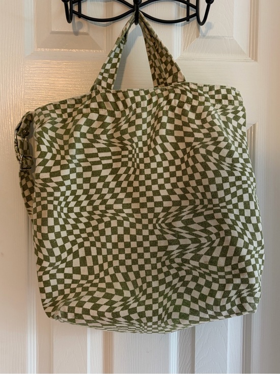 BAGGU Handbags - BAGGU Duck Bag, Olive and Cream Moss Trippy Checker Canvas Tote
